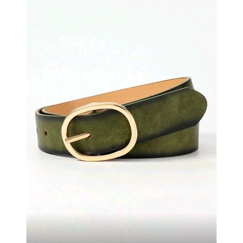 Women Olive Green Faux Leather Belt Gold Oval Buckle Casual Dress Jeans‎ 44 inch